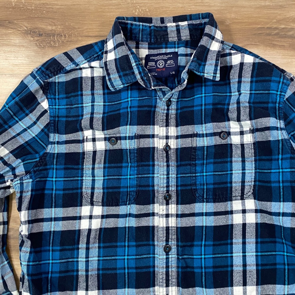 American Eagle Flannel Shirt Mens‎ Large Heritage Cotton Prep Fit Blue Plaid L